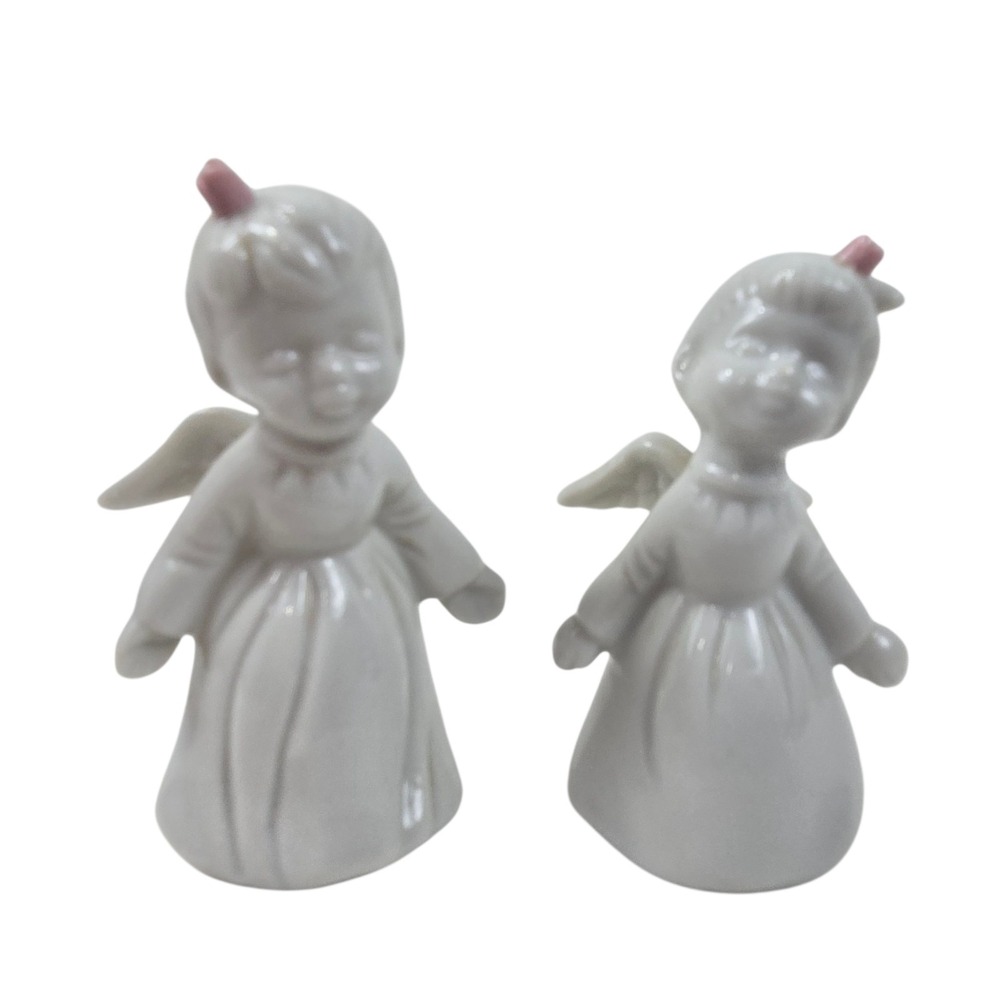 Vtg Pair of Enesco White Porcelain Angels 3.25" Figurines Taiwan Imports MINT